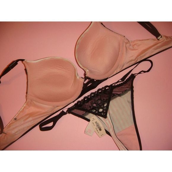 Victoria's Secret 32B,34C BRA SET+PJ SHIRT Pink Black EYELET embroidered STRIPED - Picture 4 of 8